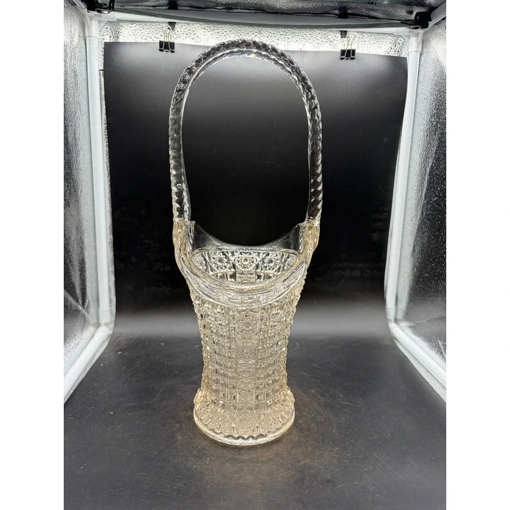 Vintage Clear Pressed Glass Basket Twisted Handle Diamond Starburst 13.5in
